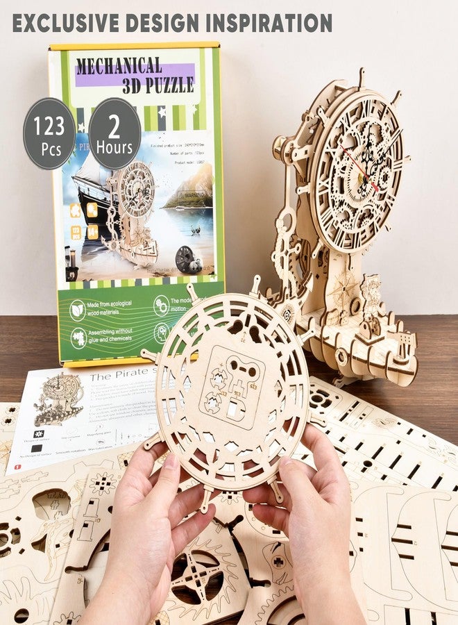 varbertos 3D Wooden Puzzle Mechanical Clock - Pirate Ship DIY Model Kit for Adults & Teens, Build-Your-Own Wood Craft, Working Clock, Unique Gift & Nautical Home Decor - Image 2
